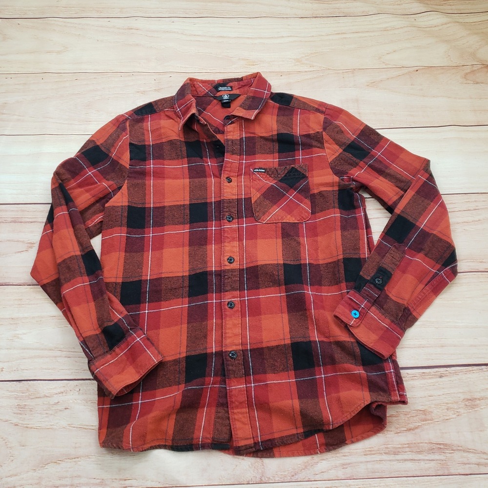 Volcom Flannel Shirt Mens Medium Red Orange Black Plaid Modern‎ Fit A0541906